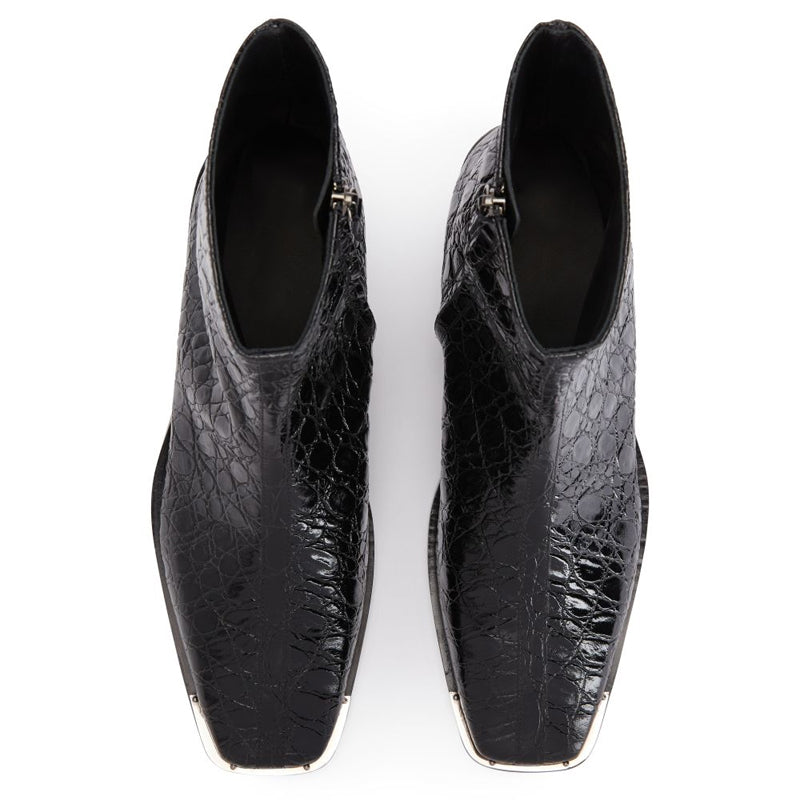 Croco Effect Mid-Top Leather Side Zipper Boot Black