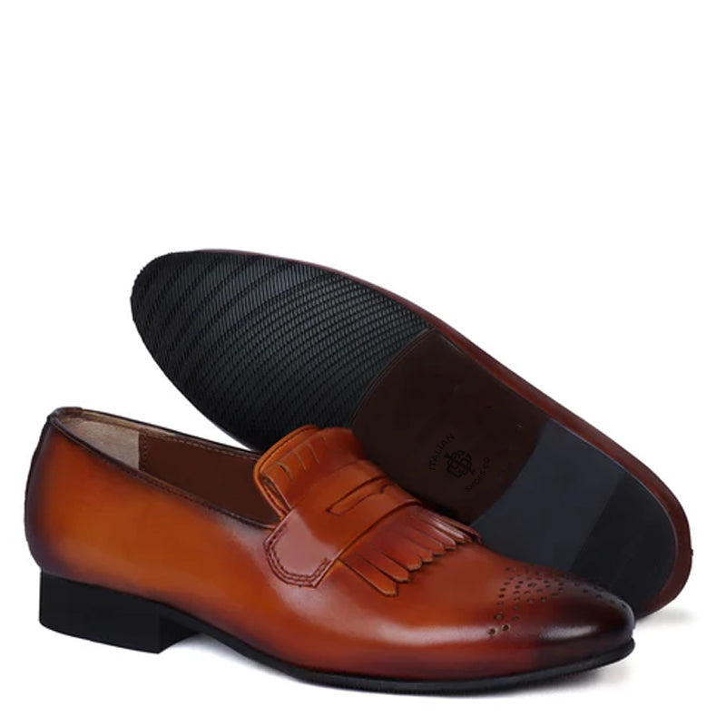 Patent Leather Slip-On Tan Shoe With Fringes