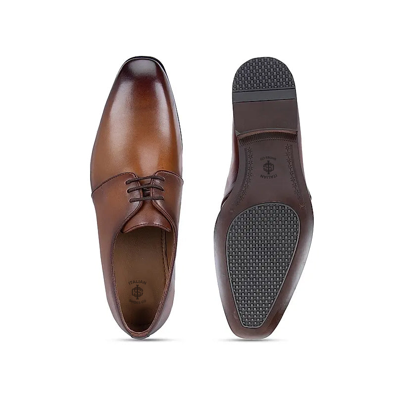 Plain Solid Leather Lace-Up Formal Derby Shoe Tan
