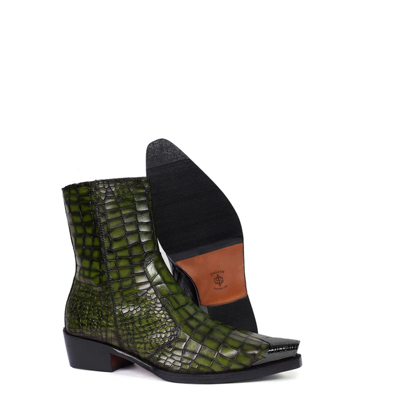 Luxury Premium Croco Print Leather Side-Zipper Boot Brown