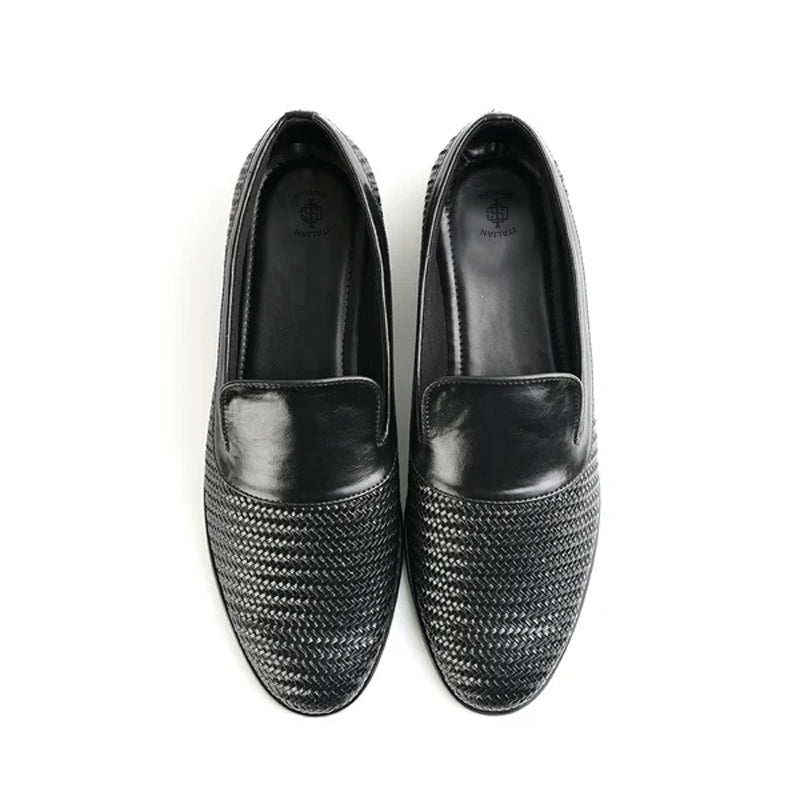 Woven Slip-On Leather Black Loafer For Men
