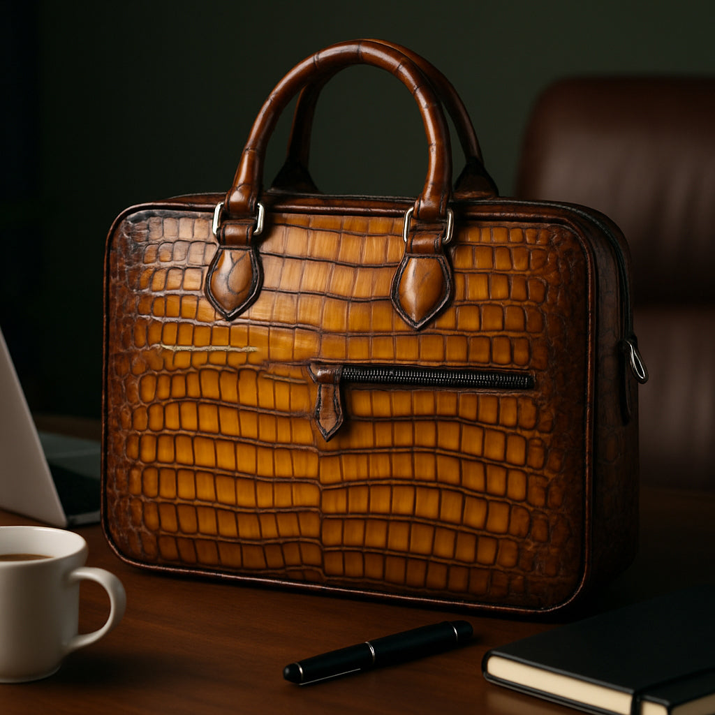 Men's Original Luxury Black Crocodile Leather Briefcase Bag