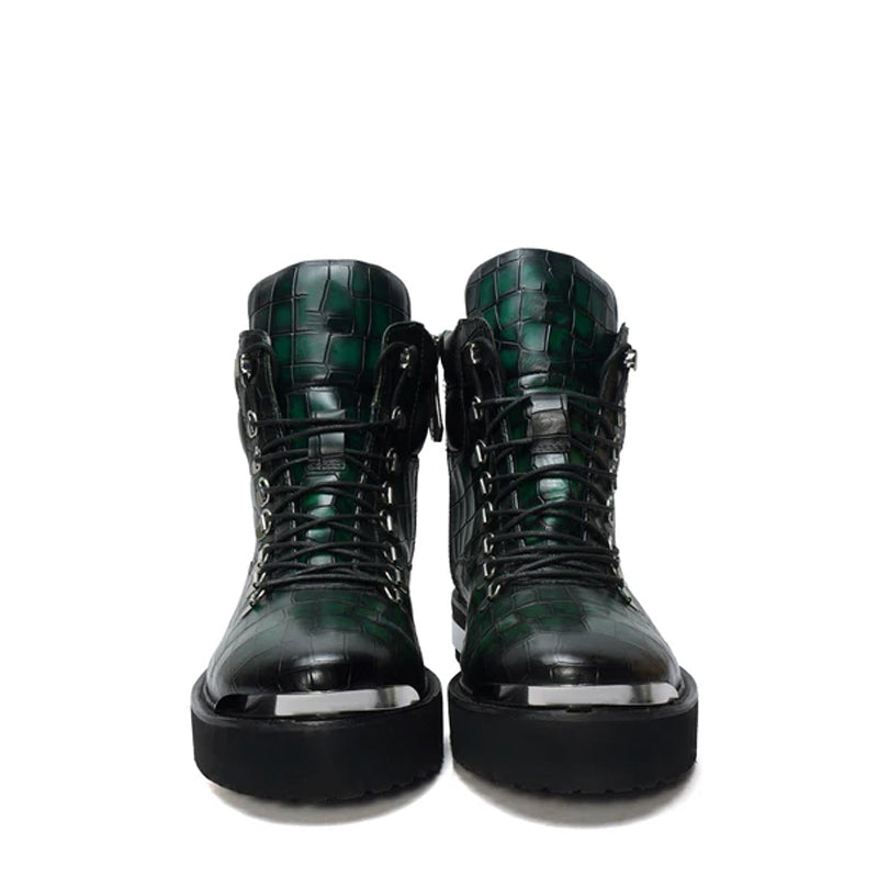 Croco Deep Cut Leather Lace-UP Ankle Boot Burgundy