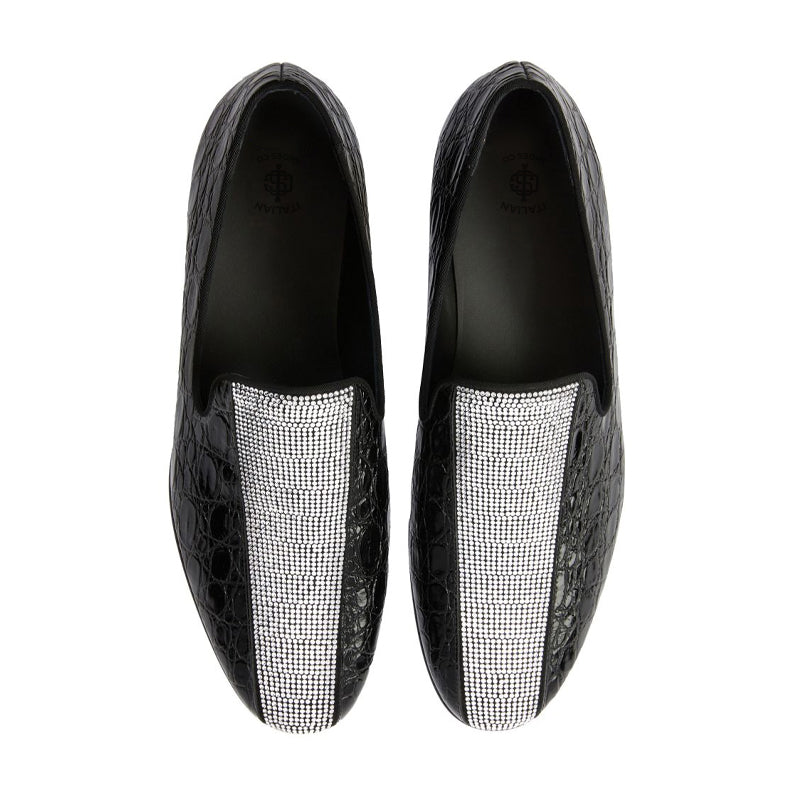 Croco Textured Handmade Design Leather Fashion Black Loafer