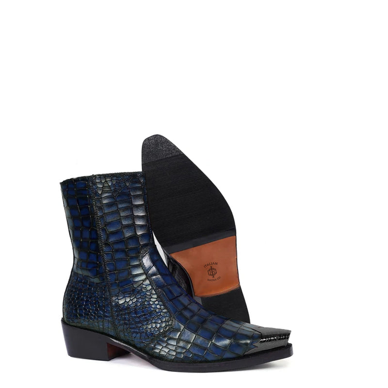 Luxury Croco Print Leather Side-Zipper Boot Green