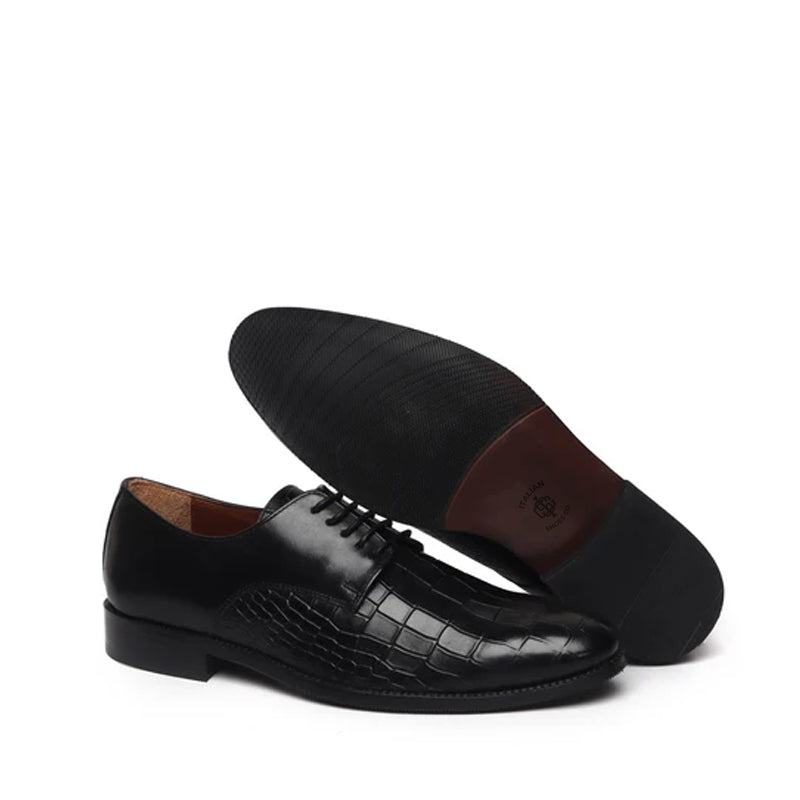 Croco Textured Formal Leather Oxford Black Shoe