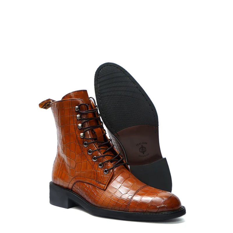 Croco Leather Lace-Up High Ankle Boot Burgundy