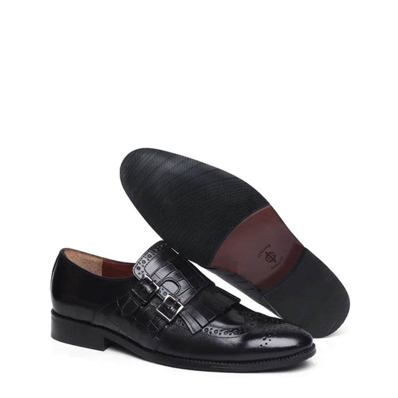 Croco Textured Double Monk Black Shoe with Fringes