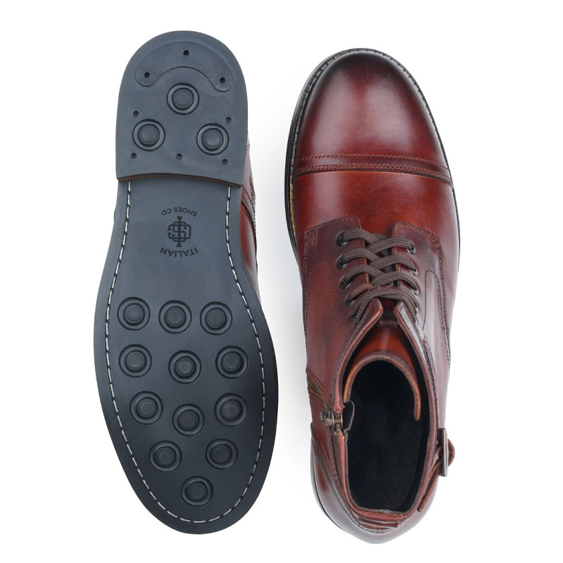 Men Solid High Buckle Leather Ankle Burgundy Boot