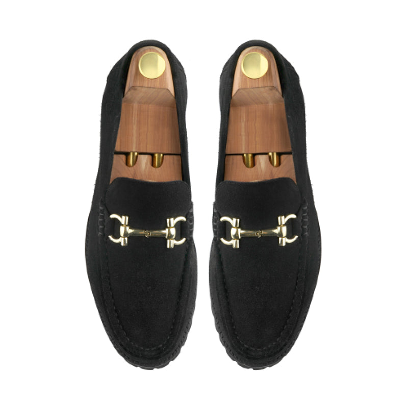 Suede Leather With Horse-bit Buckled Black Loafer