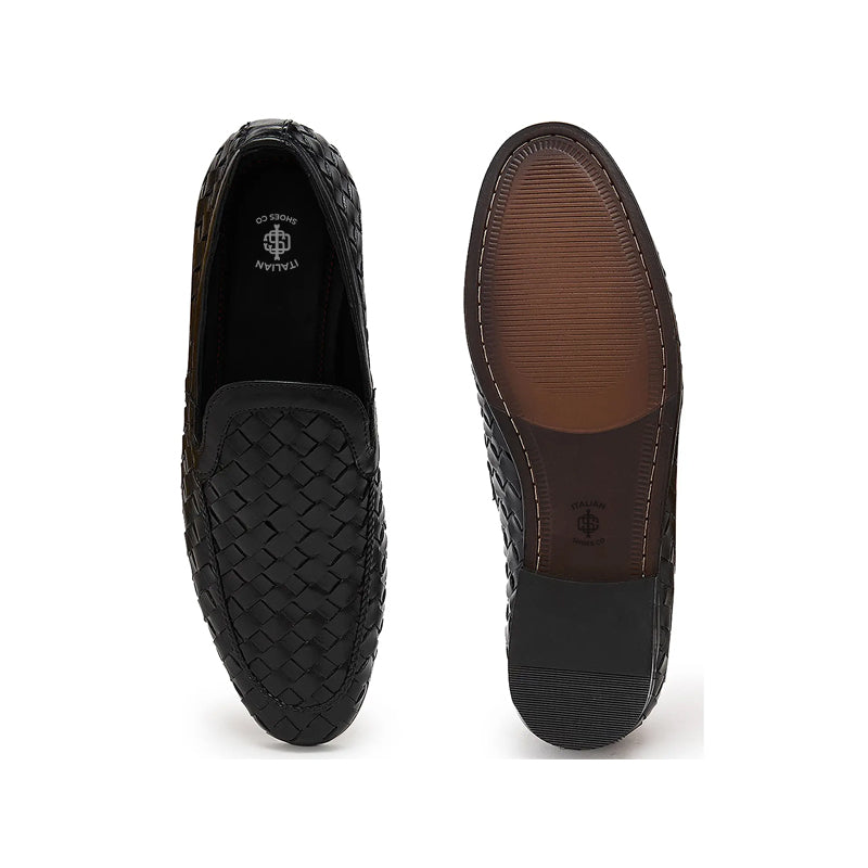 Men Woven Textured Handmade Pure Leather Black Loafer