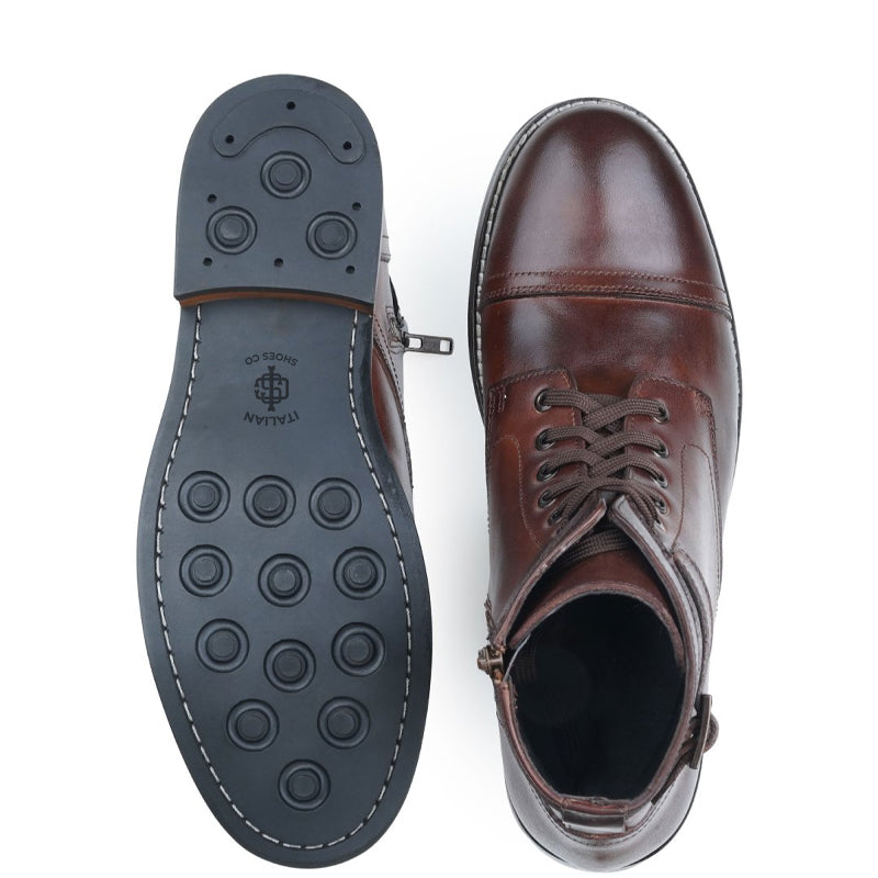 Men Solid High Buckle Leather Ankle Burgundy Boot