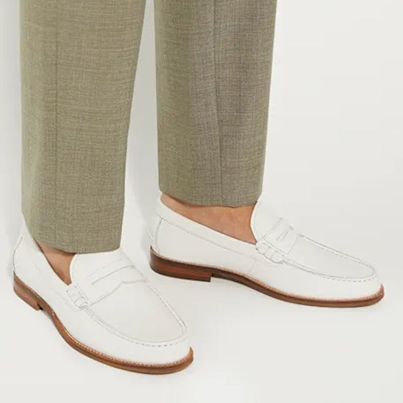 Leather Penny Trim White Loafer For Men