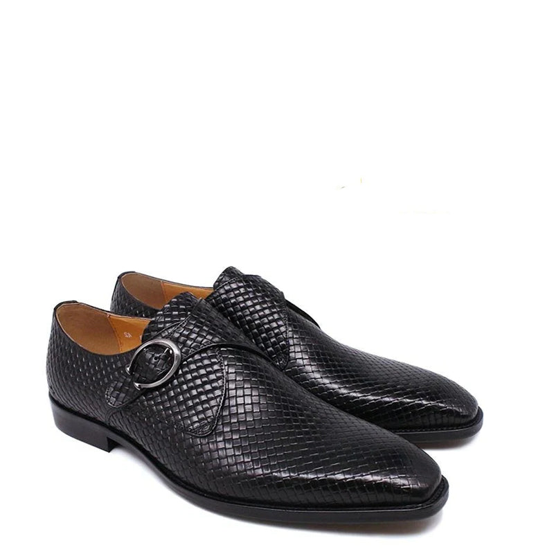 Black Waved Single Monk Strap Shoes