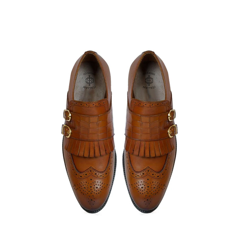 Croco Textured Double Monk Tan Shoe with Fringes