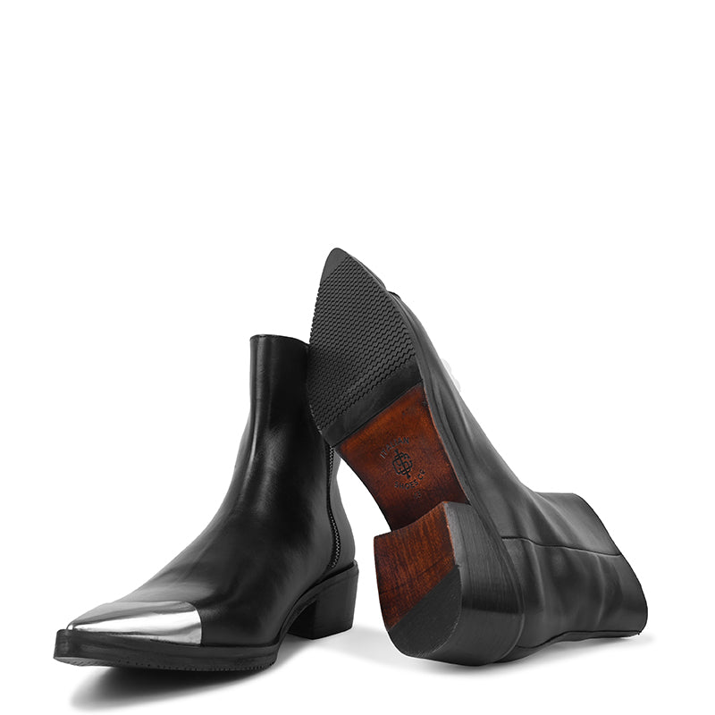 Metallic Toe Premium Leather Side-Zipper Black Boot