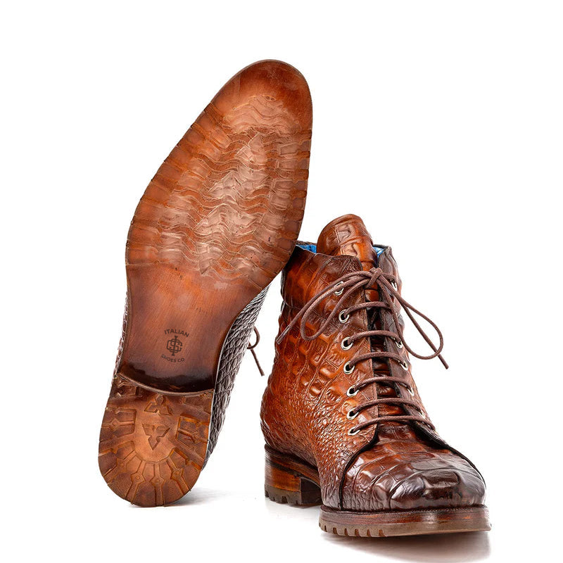 Hand-Painted Croco Print Leather Lace-Up Boot Burgundy