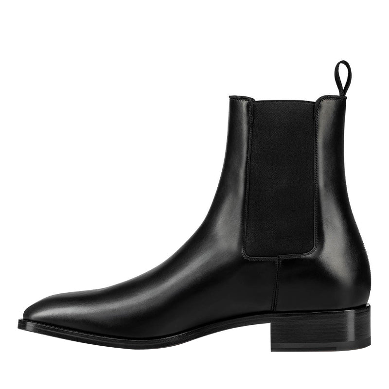 Classic Black Leather Chelsea Rounded Toe Boot with Low Stacked Heel
