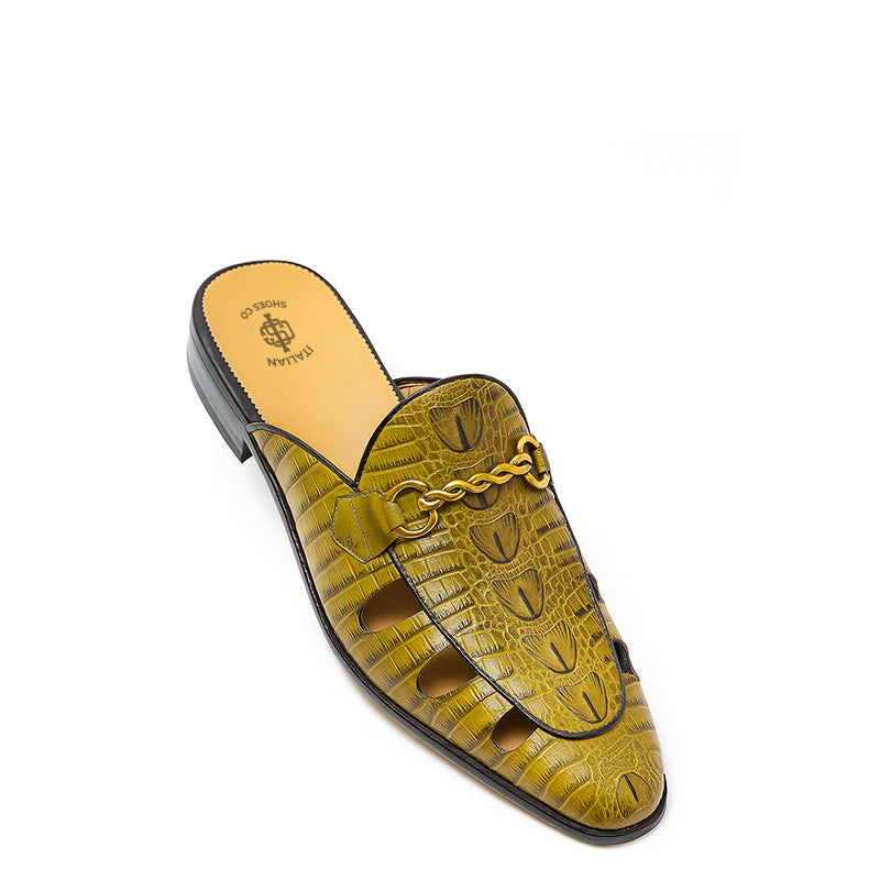 Embellished Textured Leather Mule Olive-Green