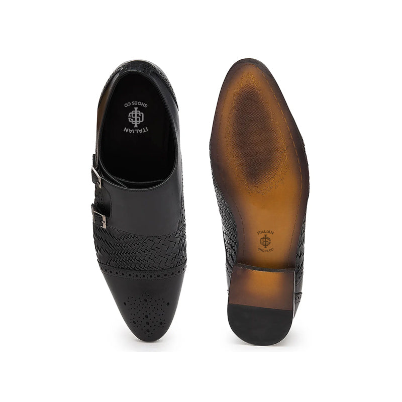 Men Woven Textured Leather Double Monk Shoe Black
