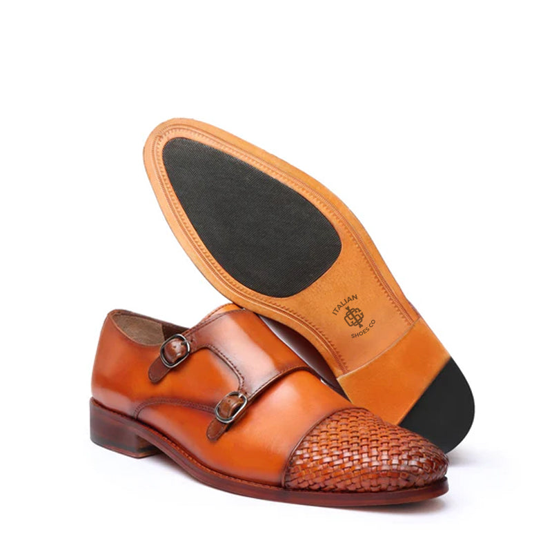 Double Monk Woven Leather Cap-Toe Brown Shoe
