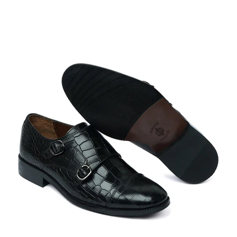Men Crocodile Leather Double Black Monk Shoe