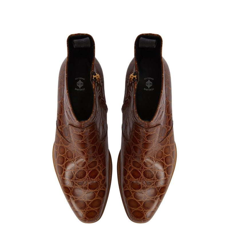 Croco Print Leather Chelsea High Ankle Brown Boot