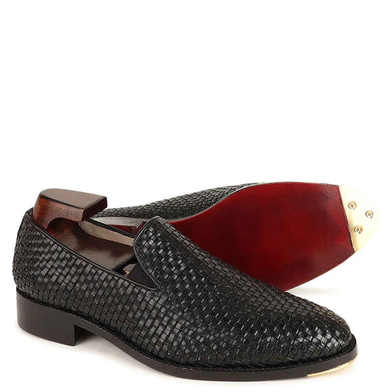Men Classic Woven Black Leather Loafer