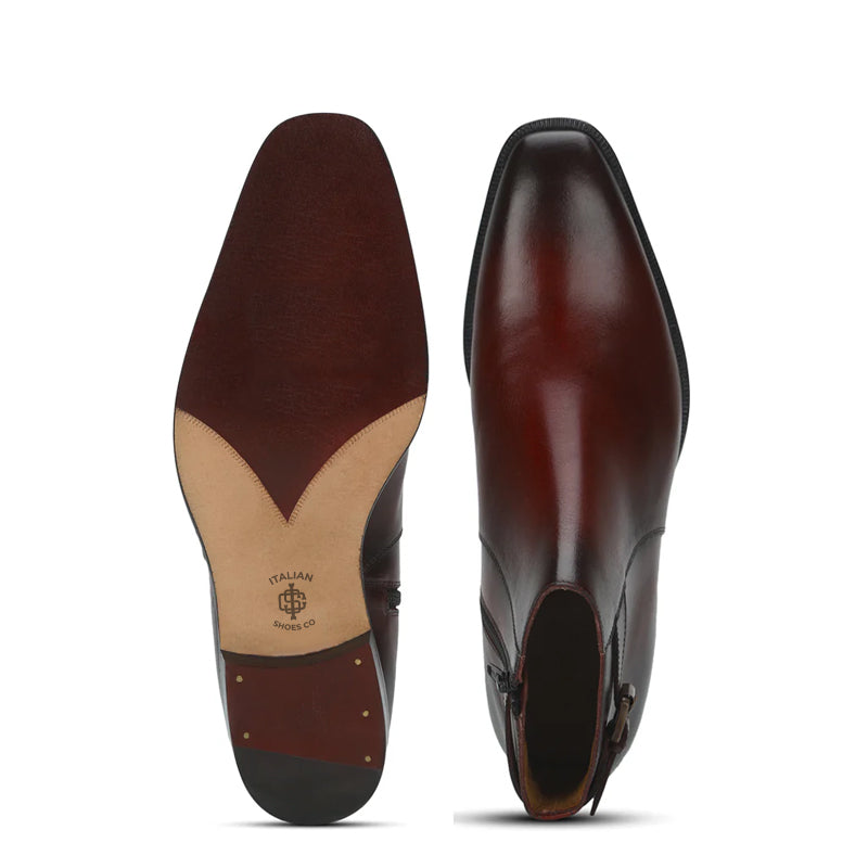 Men Solid Leather Side Zipper Brown Boot With Buckle