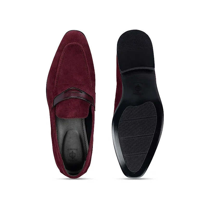 Classic Burgundy Suede Leather Penny Moccasins Loafer
