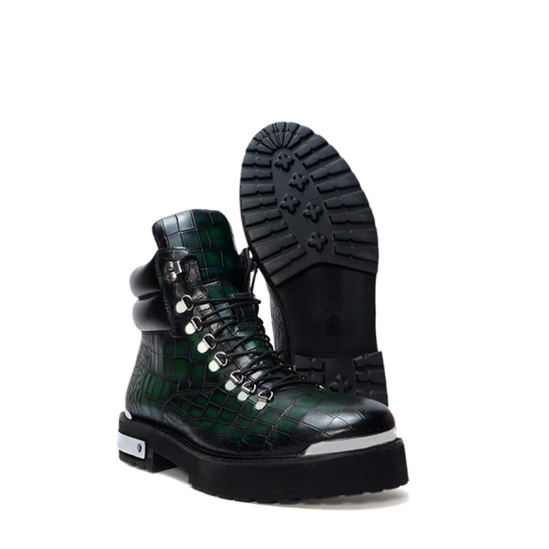 Croco Deep Cut Leather Lace-UP Ankle Boot Green