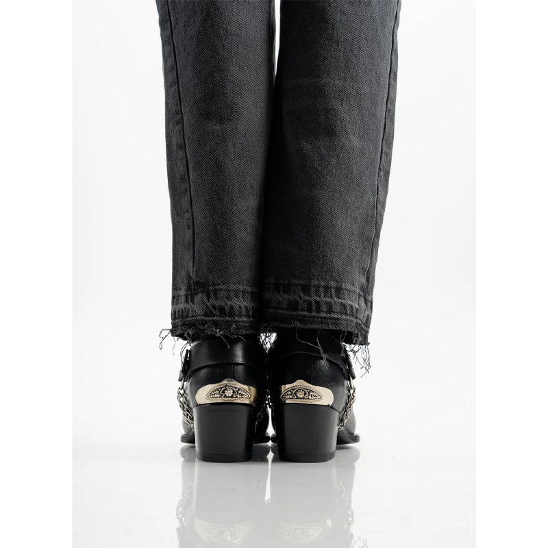 Luxury Leather Black Metal Toe Cap Cuban Heel Leather Boots