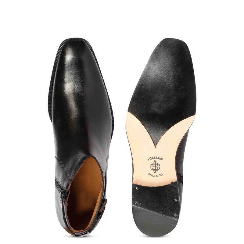 Men Solid Leather Side Zipper Black Boot With Buckle