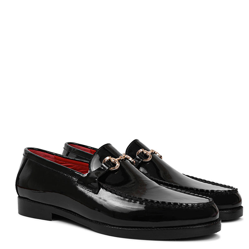 Patent Shiny Leather Loafers With Horsebit Gold Buckle