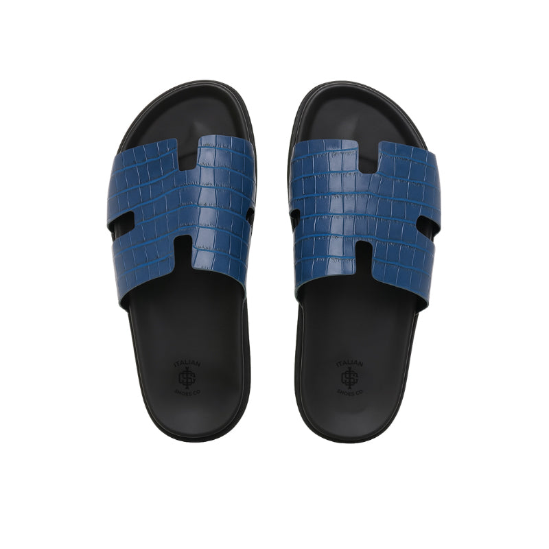 Croco Textured Leather Blue Slipper