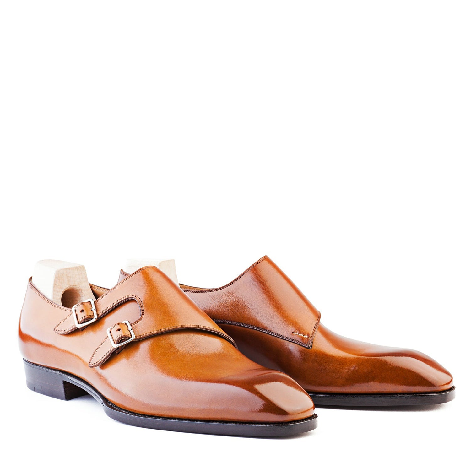 Classic Shiny Leather Double Monk Strap Dark Brown Shoe