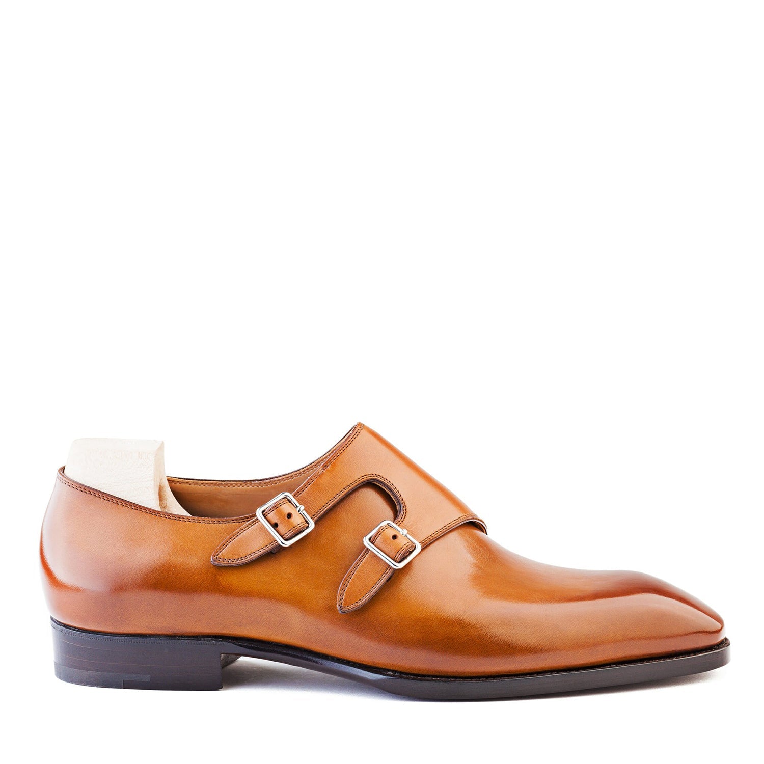 Classic Shiny Leather Double Monk Strap Tan Shoe