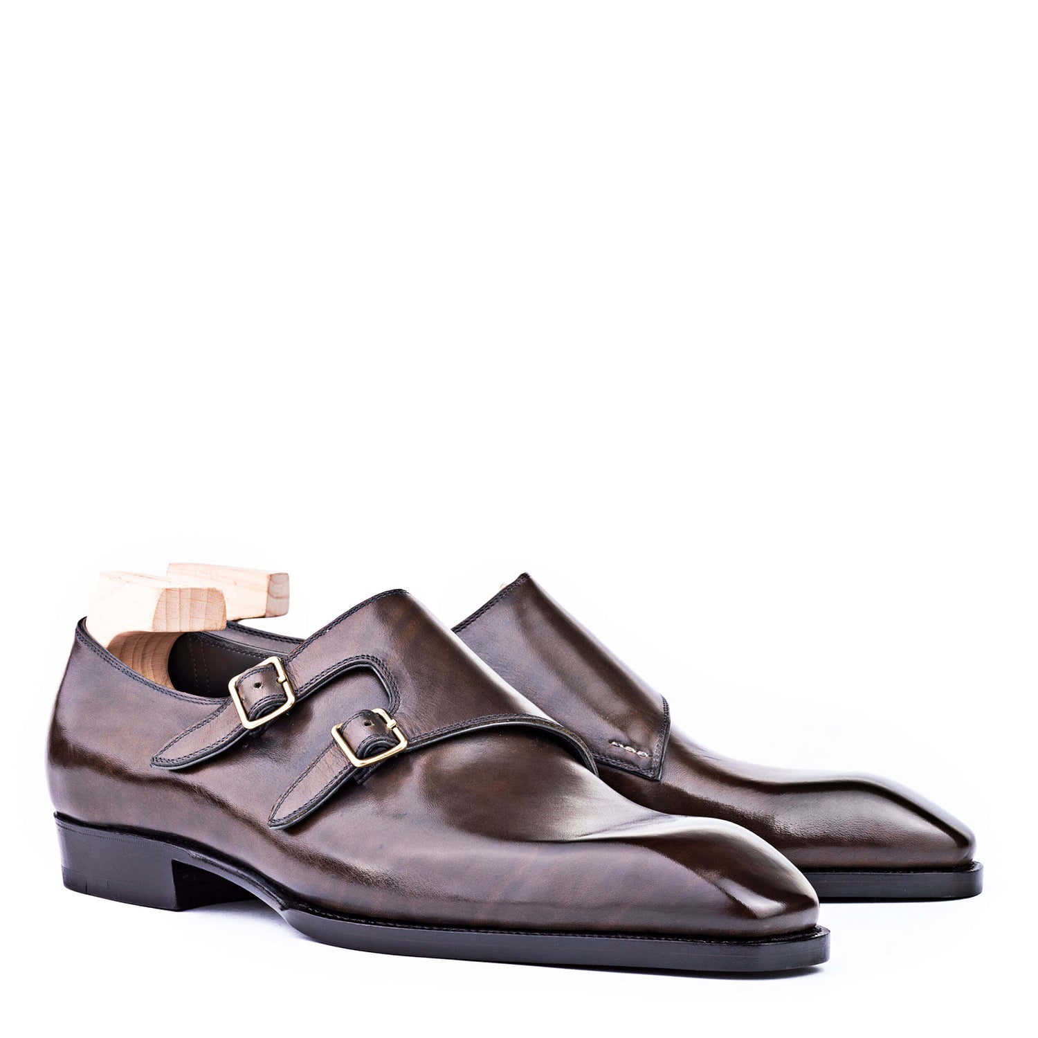 Classic Shiny Leather Double Monk Strap Tan Shoe
