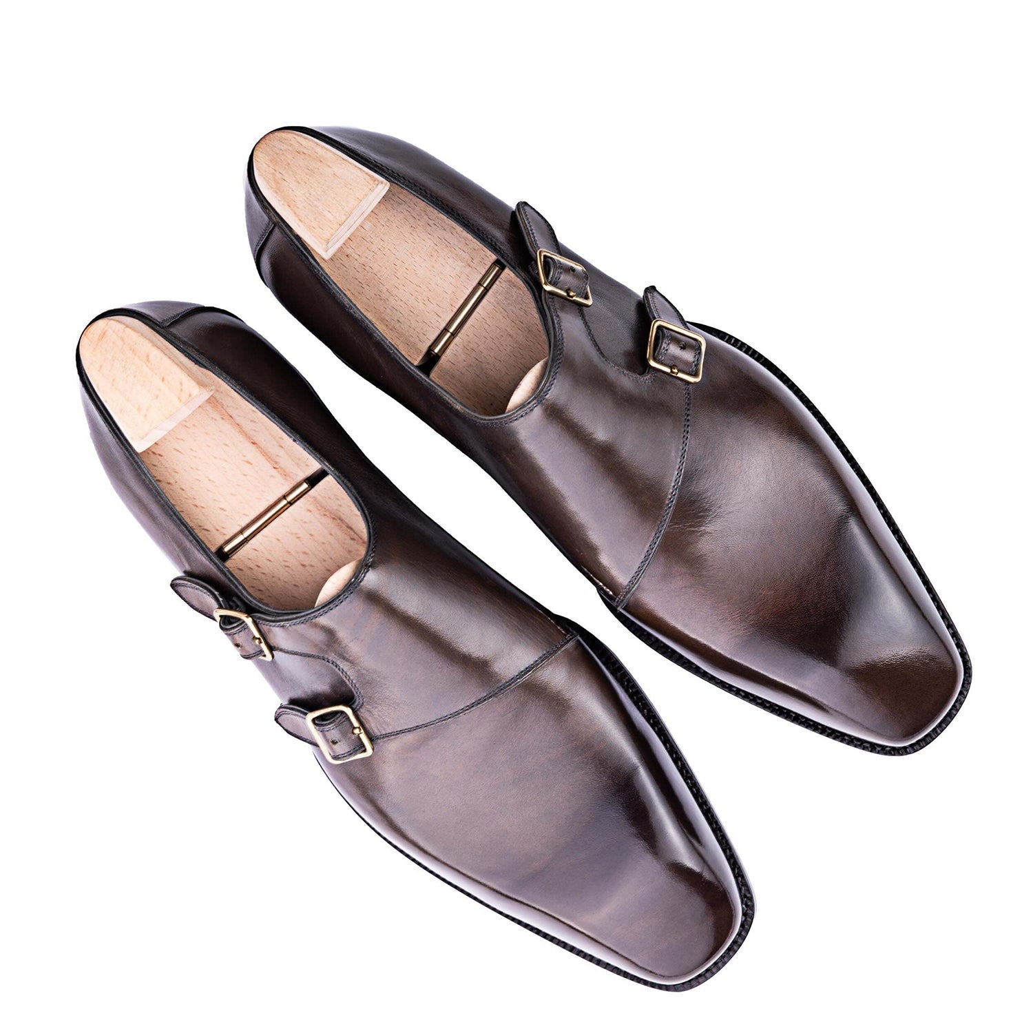 Classic Shiny Leather Double Monk Strap Dark Brown Shoe