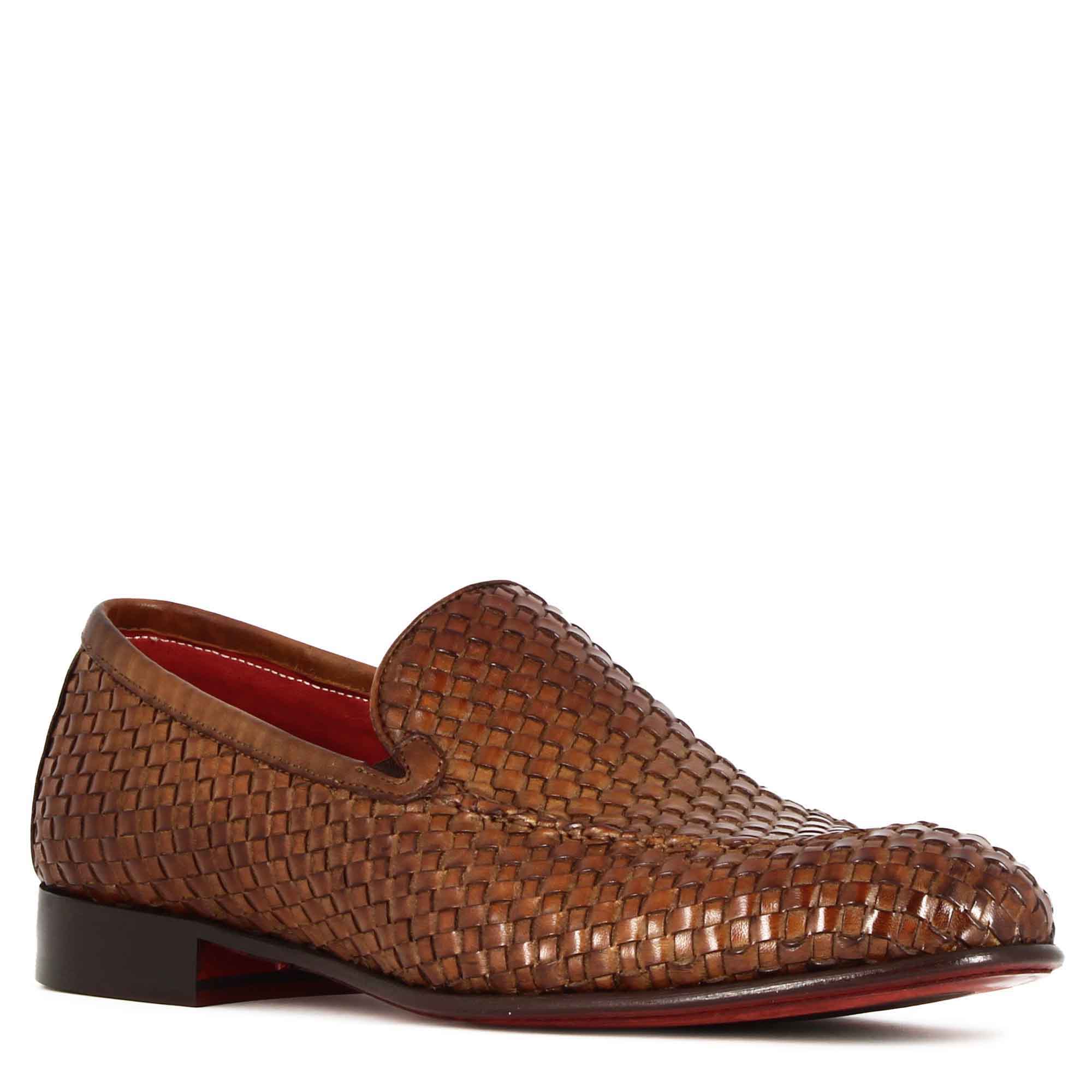 Light Brown Woven Leather Loafers