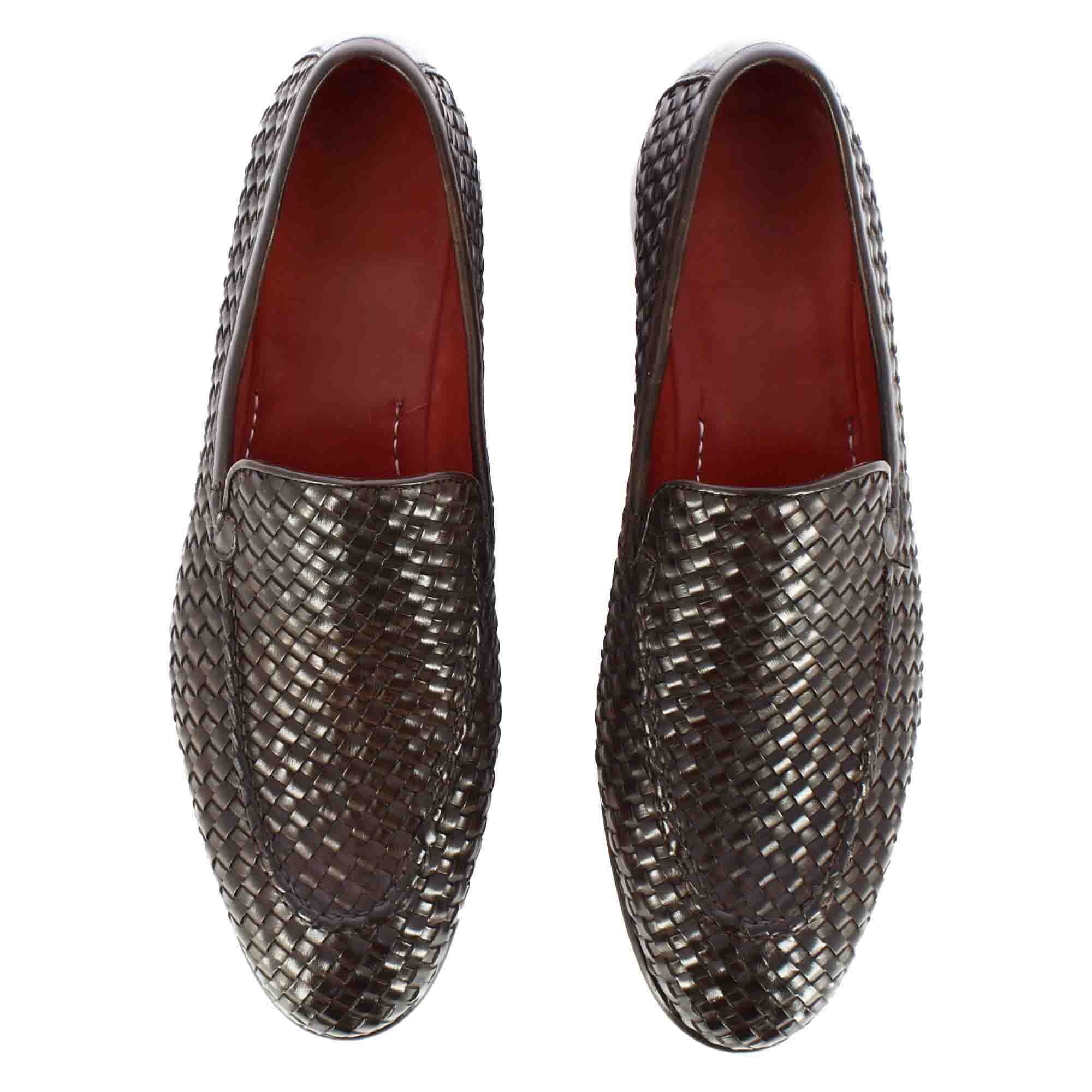 Dark Brown Woven Leather Moccasin