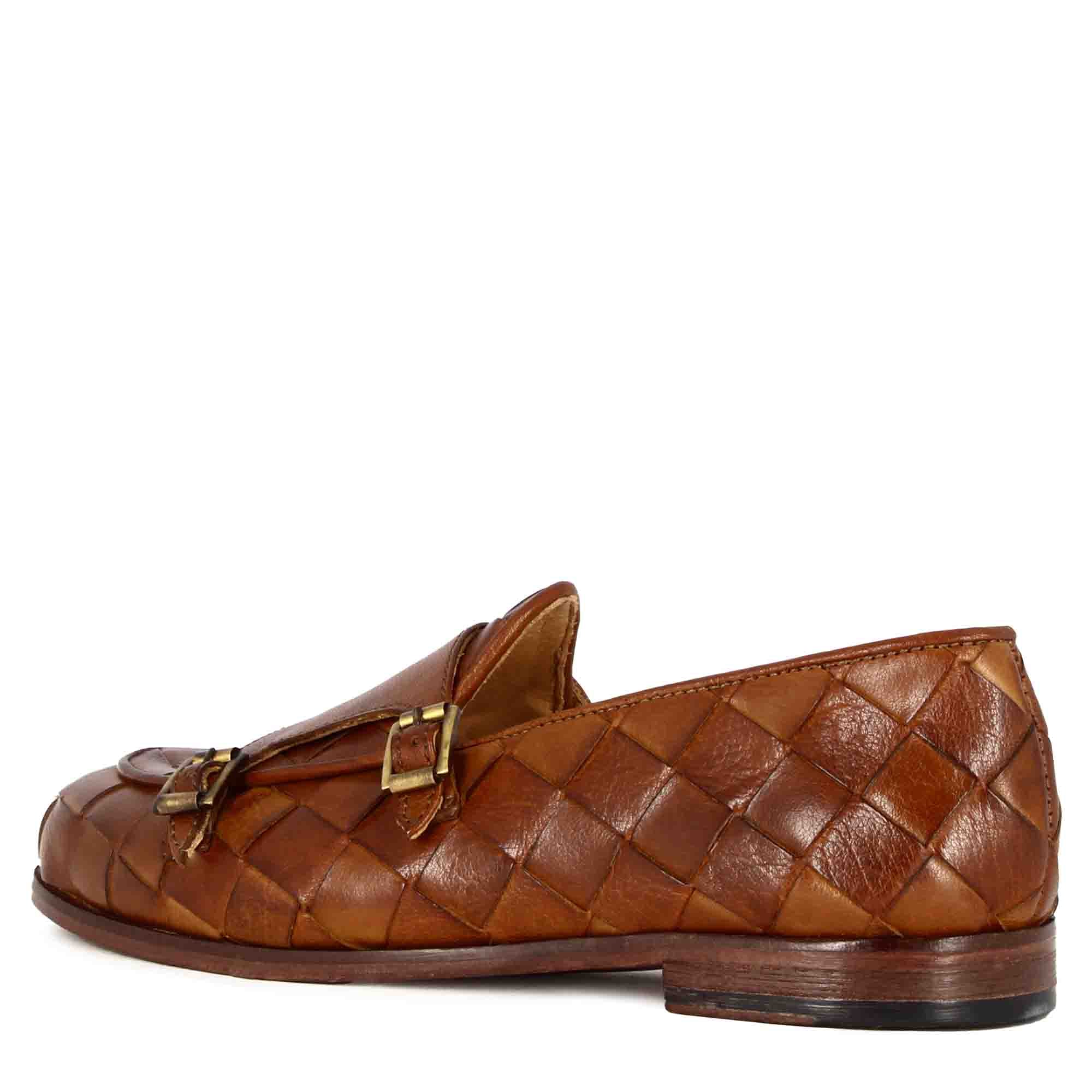 Brown woven leather moccasin