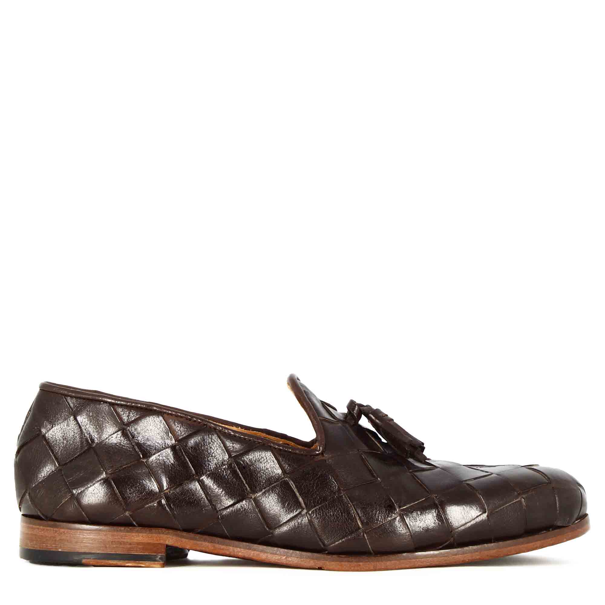 Dark Brown Woven Leather Loafers