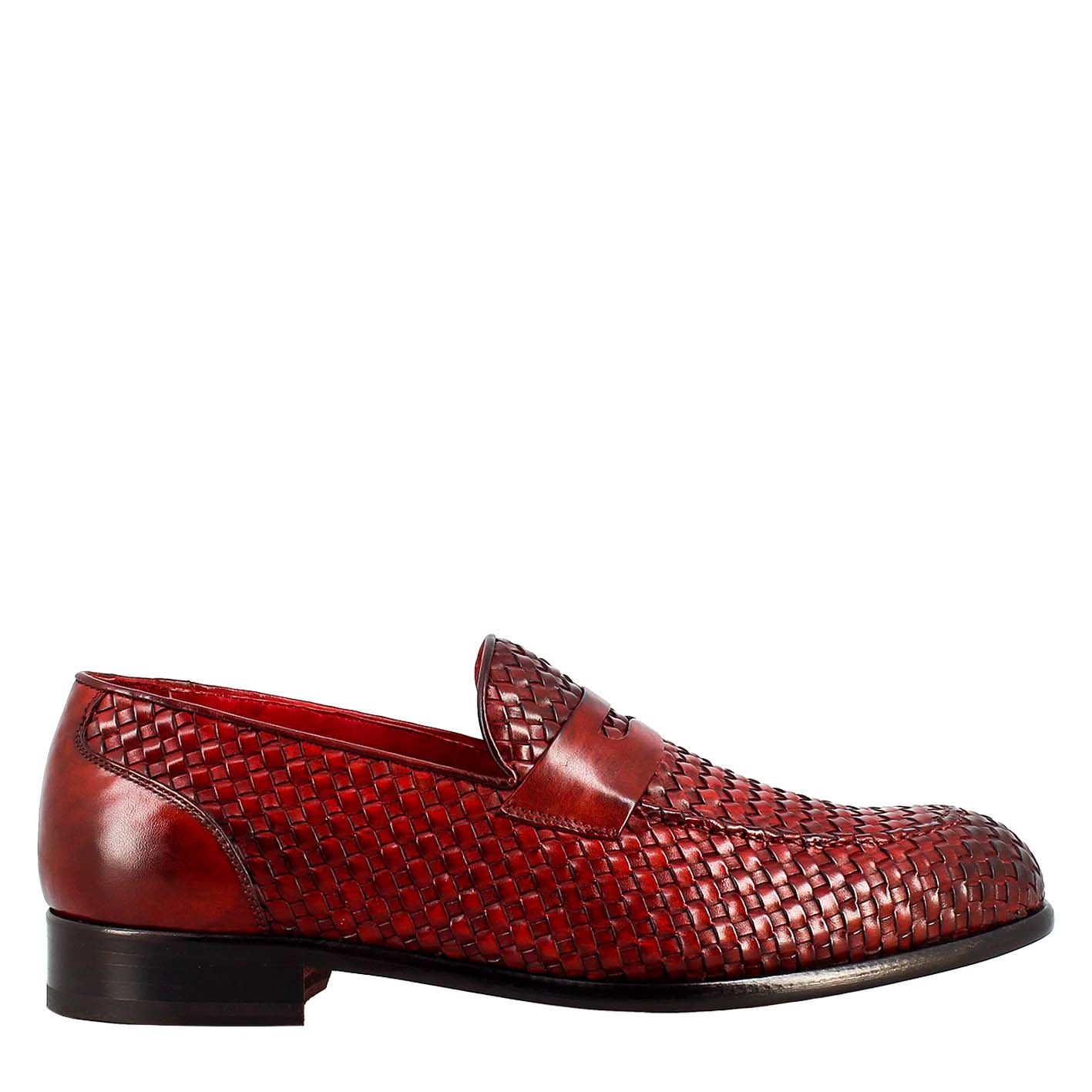 Red moccasin woven full grain leather