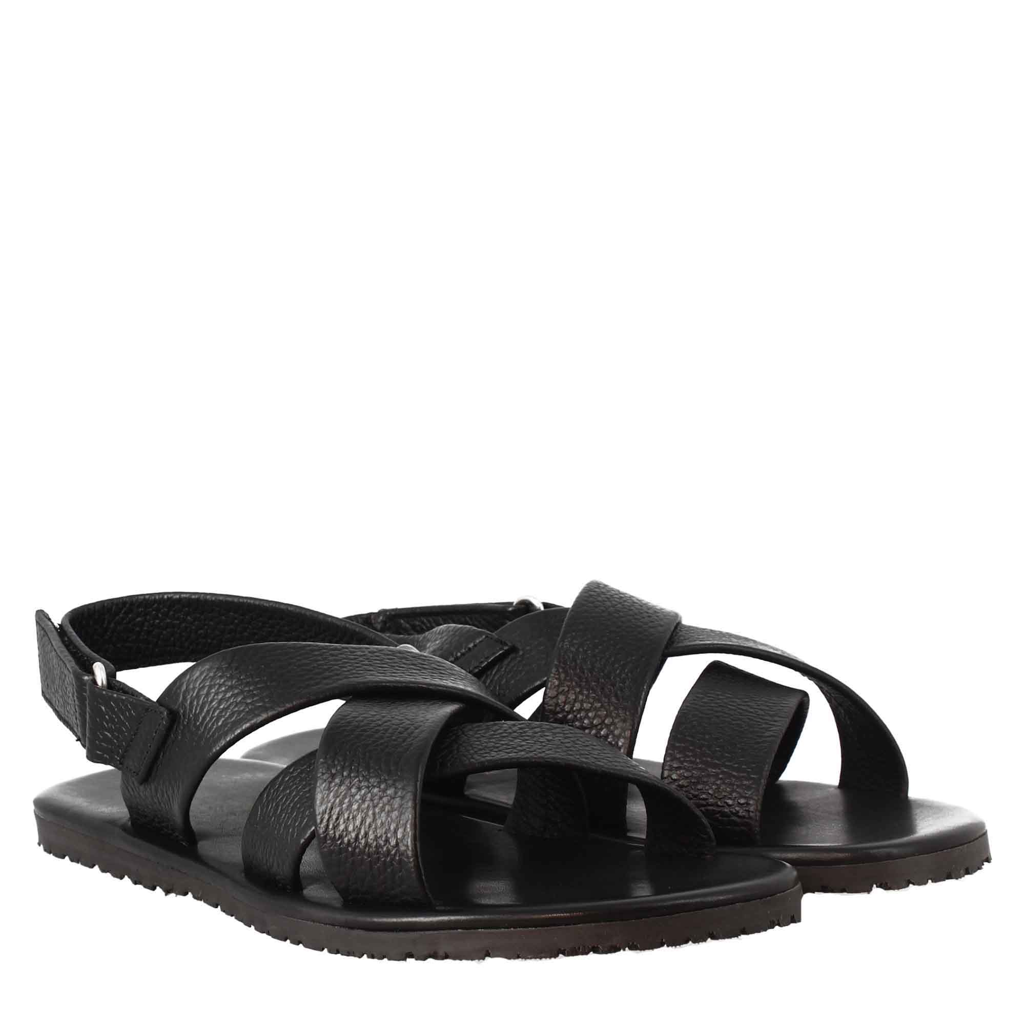 Men's Sandals in Black Leather with Velcro closure