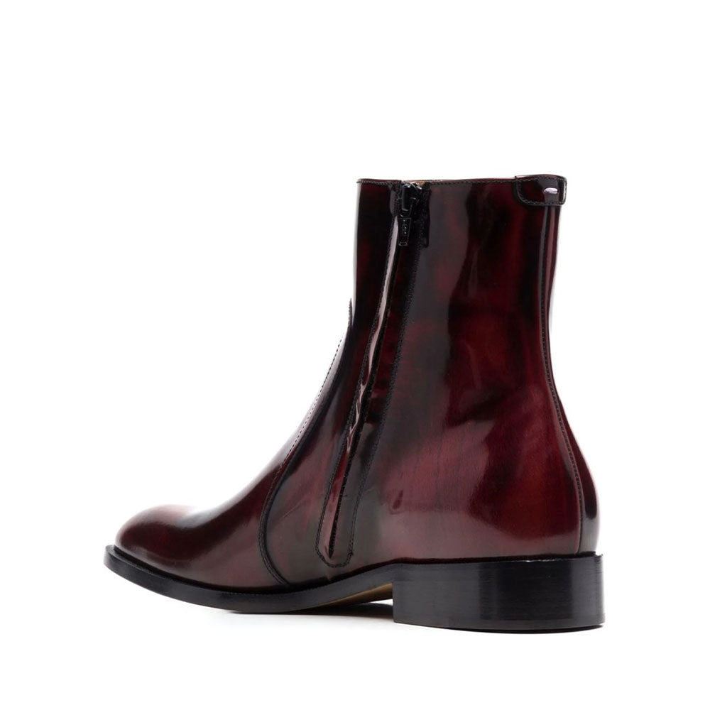 Red Waxed Leather Ankle Boots