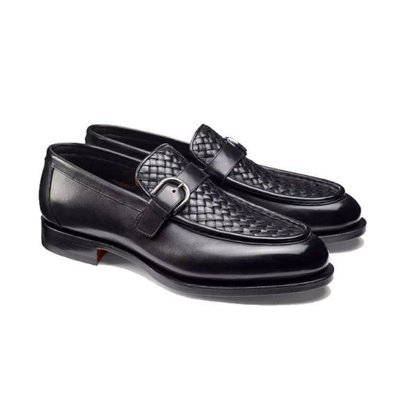 Single Buckle Black Leather Hand Crafted Loafer