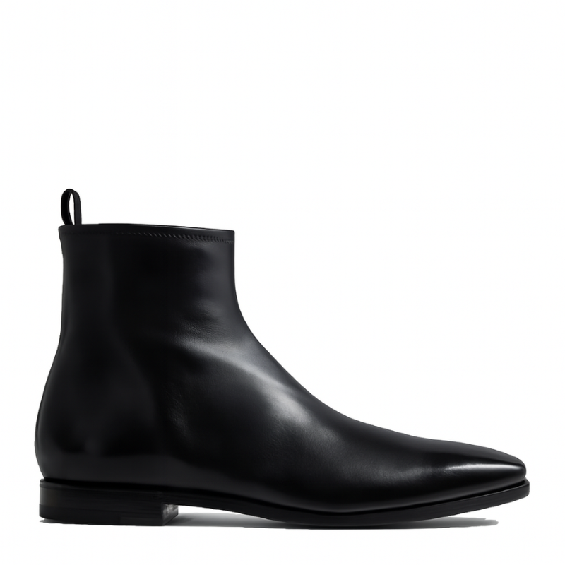 Luxury Leather Polished Black Square-toe Boot With Side-zip Detailing
