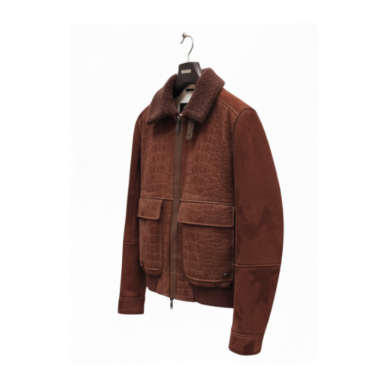 Luxury Rust Croc Shearling Brown Bomber Jacket