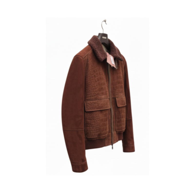 Luxury Rust Croc Shearling Brown Bomber Jacket